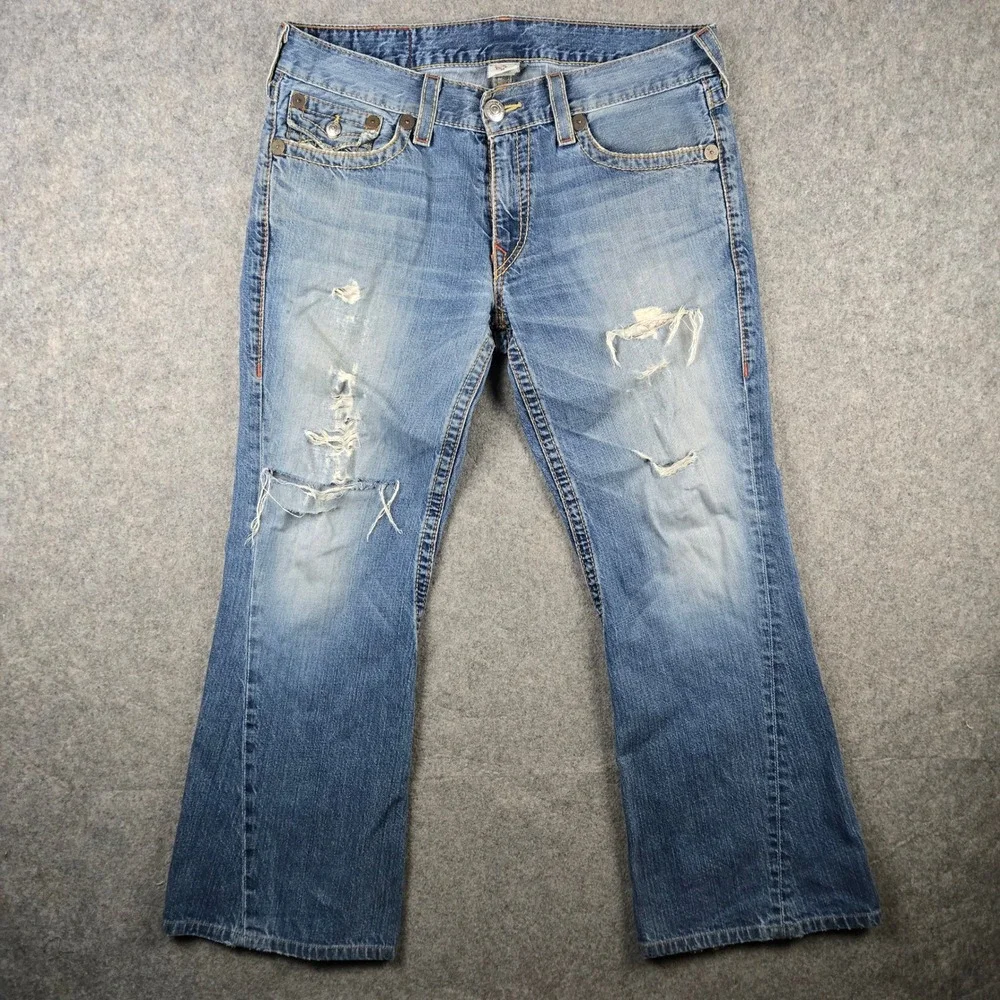 True Religion Joey Big T Jeans Mens 36 Blue Distressed Bootcut Y2K Grunge Skater